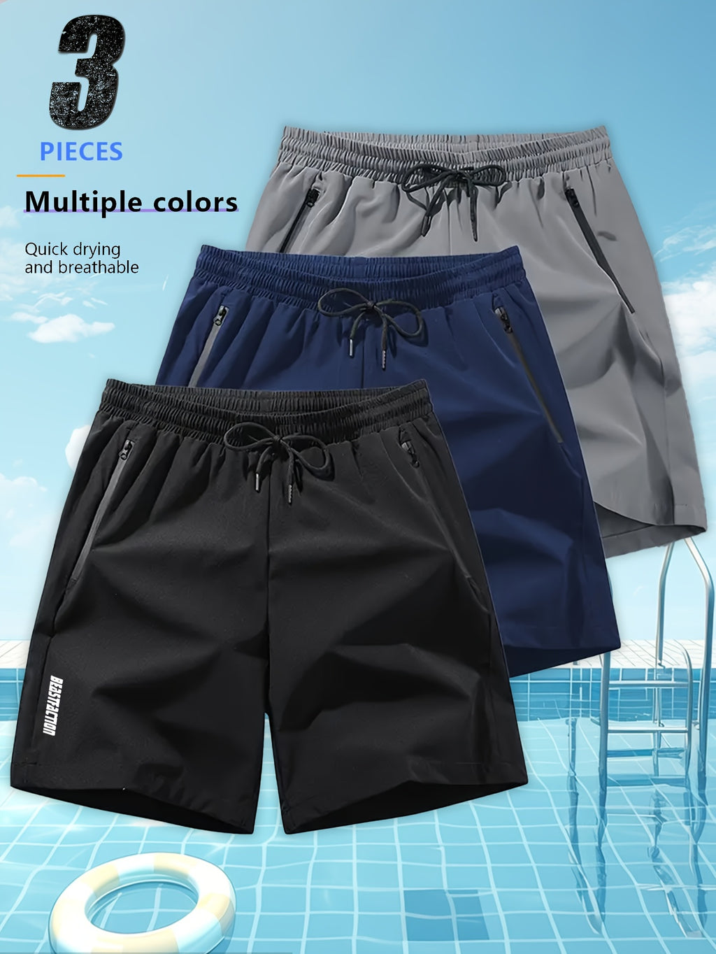 Men's Athletic Shorts 3-Pack with Zippered Pockets – Lightweight Polyester Gym Shorts, Elastic Drawstring Waist for Summer Fitness, Sports, Beach & Casual Outdoor Wear