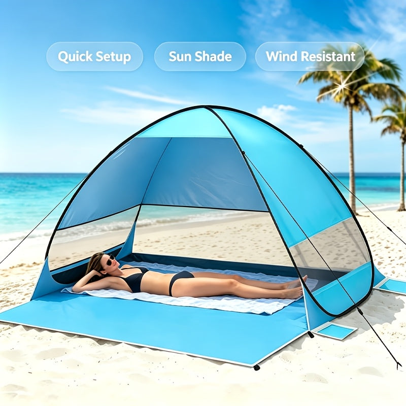 Pop-Up Beach Tent Sun Shade Shelter for 2-3 Person - Anti-UV Portable Camping Canopy with Carry Bag, Fast Setup, Fiberglass Frame, Beige, Blue and Green