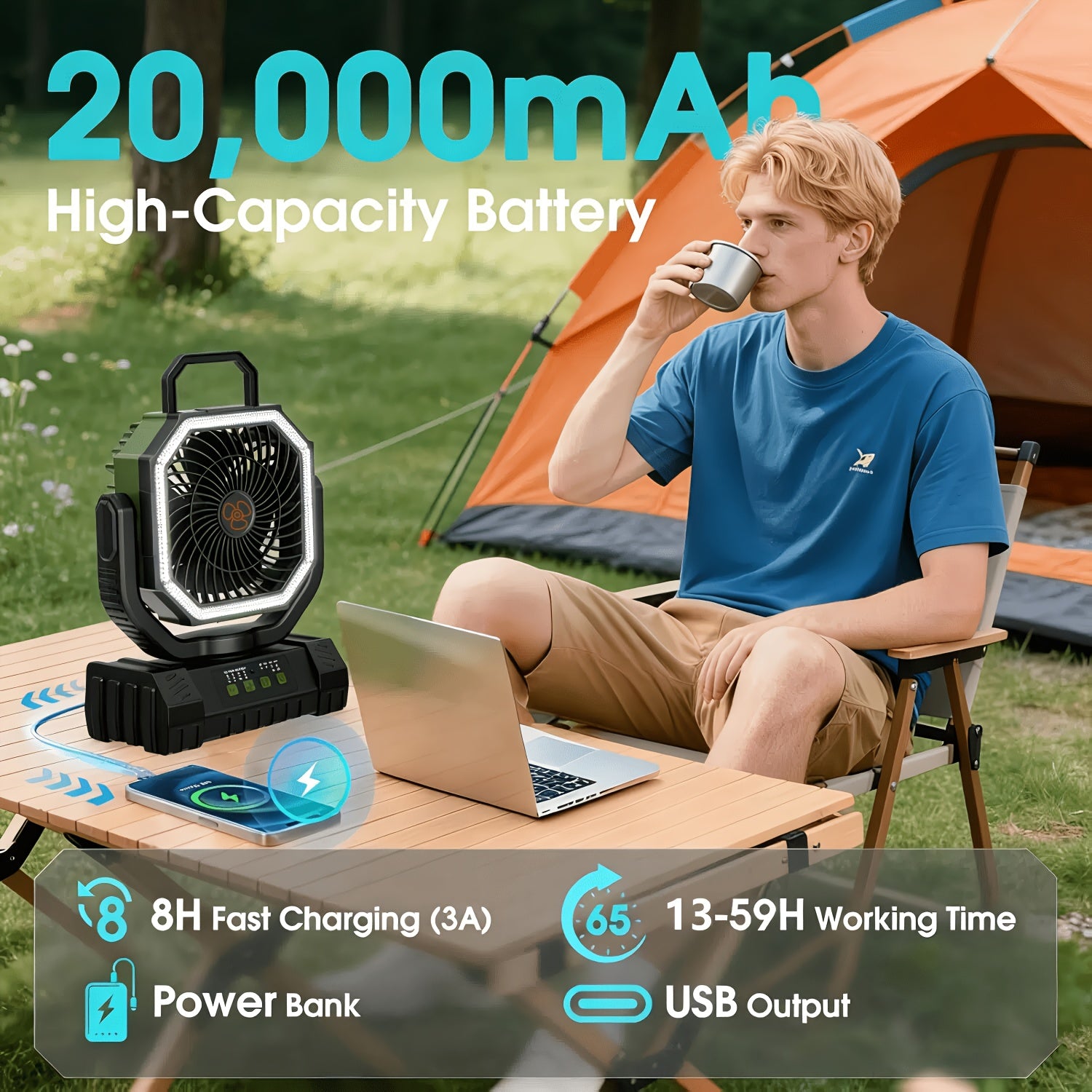Rechargeable Camping Fan 20000mAh 4-Speed with Remote Control LED Light Power Bank – Oscillating Tent Fan with Timer & Hanging Hook for Camping Beach Outdoor – Orange Green Pink