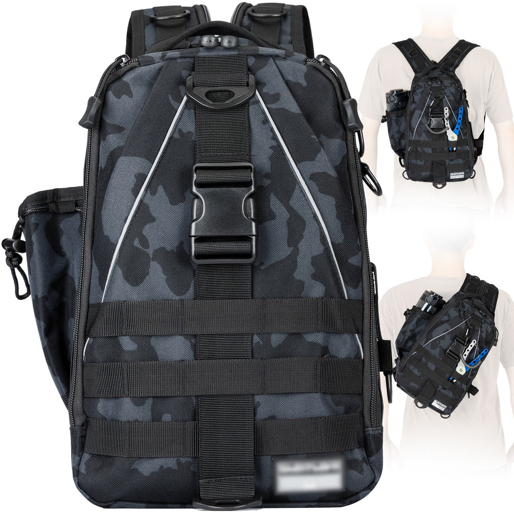 Tackle Sling Bag with Rod Holder for Men & Women – Fishing Backpack Daypack, Multi-Pocket Fly Fishing Bag, Camouflage Khaki Black, Standard & Large, Best Fishing Gift for Dad