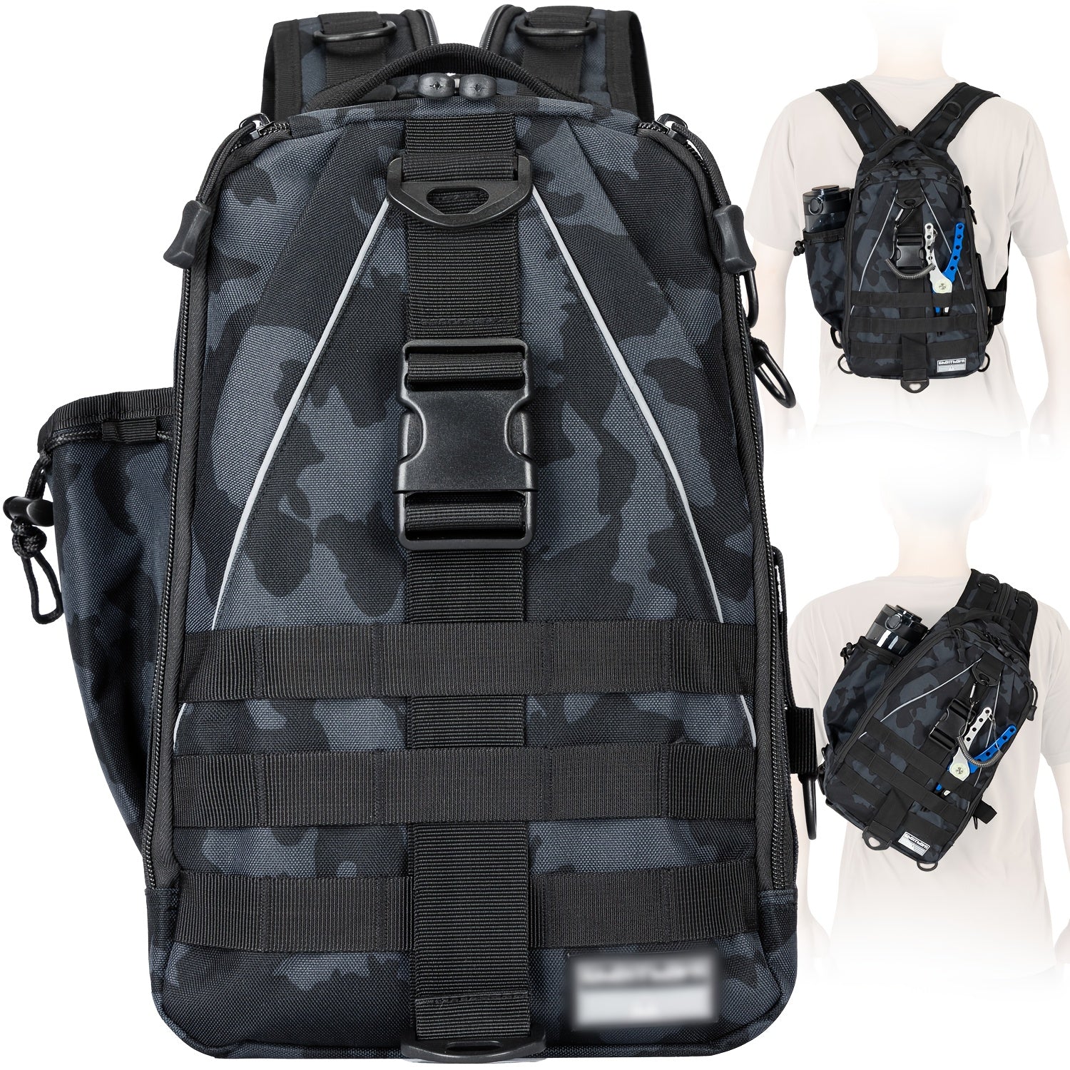Tackle Sling Bag with Rod Holder for Men & Women – Fishing Backpack Daypack, Multi-Pocket Fly Fishing Bag, Camouflage Khaki Black, Standard & Large, Best Fishing Gift for Dad