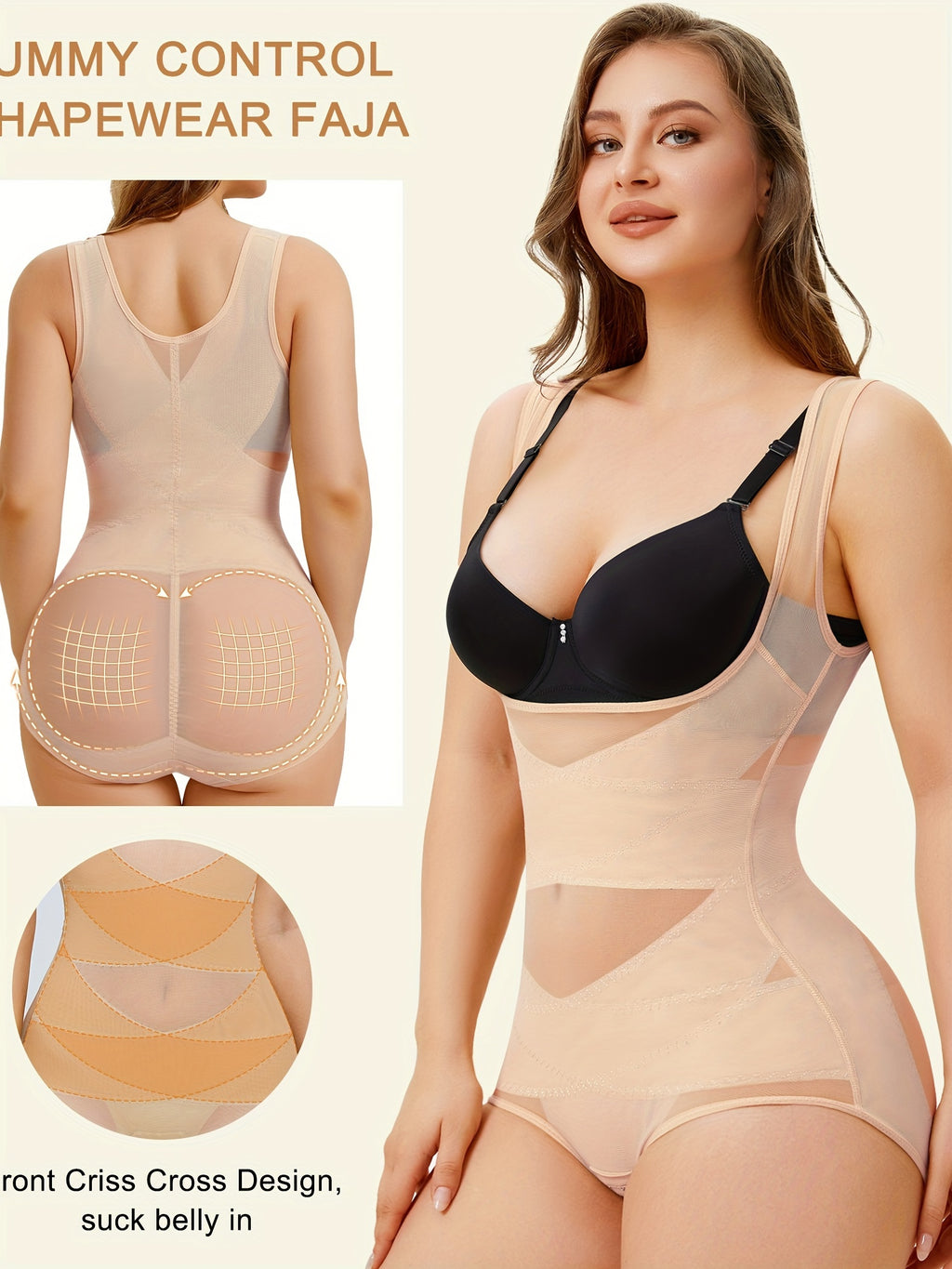 Women's Shapewear Bodysuit with Tummy Control – High-Waist Butt Lifter, U-Shape Push Up, Wide Straps, Breathable Nylon Body Shaper, 5 Colors, Sizes S-XXL