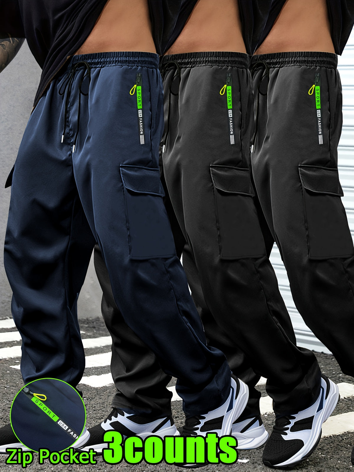 Men's Lightweight Cargo Pants with Drawstring & Elastic Waist – Multi Zipper & Side Pockets, Breathable Regular Fit for Hiking, Camping & Casual Outdoor Wear, S-XXXL