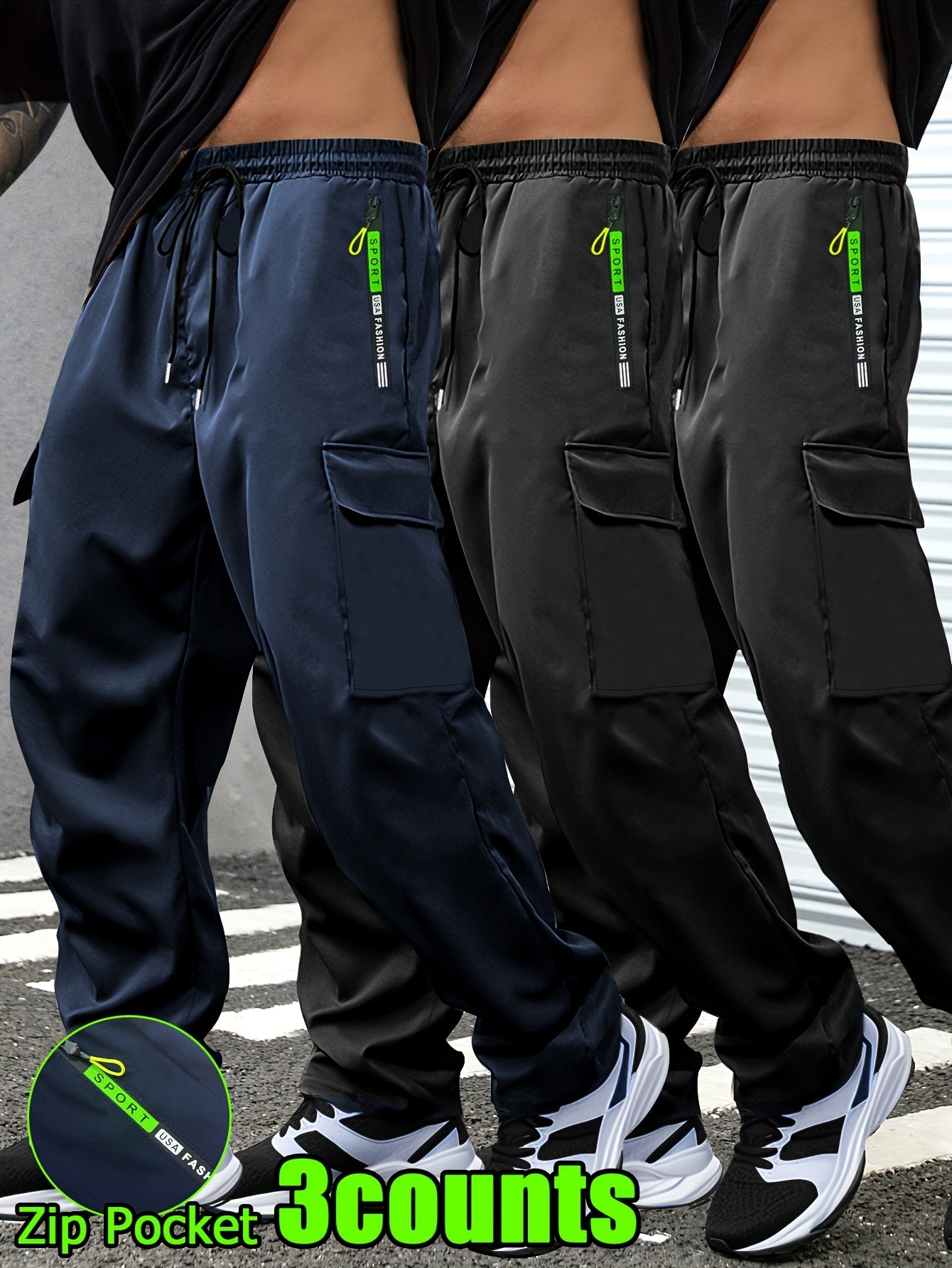 Men's Lightweight Cargo Pants with Drawstring & Elastic Waist – Multi Zipper & Side Pockets, Breathable Regular Fit for Hiking, Camping & Casual Outdoor Wear, S-XXXL