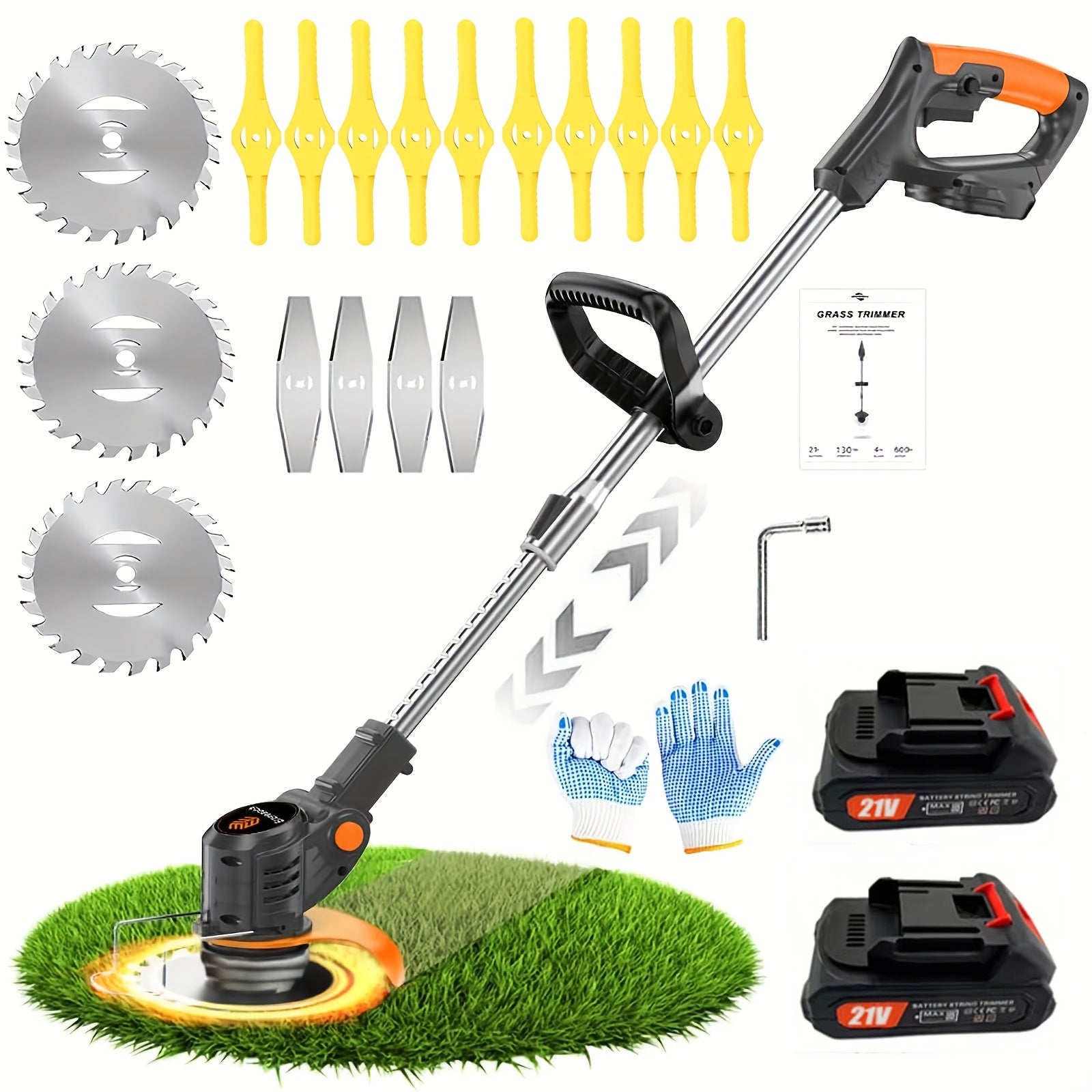 Cordless Electric Lawn Mower Weed Wacker with 2 Lithium Batteries & 3 Interchangeable Blades – Handheld Portable Grass Trimmer for Home Yard Garden Edge Cutting Weed Removal