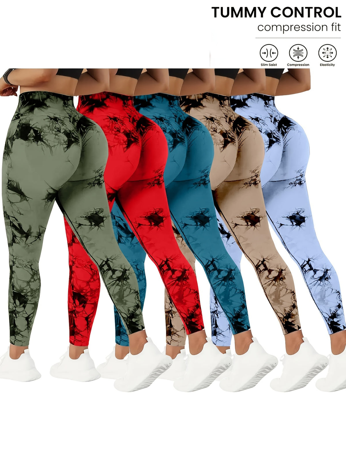 Tie Dye Yoga Pants 5-Pack for Women High Waist Tummy Control Peach Lift Leggings – 4-Way Stretch Running Tights Fitness Workout Pants Squat Proof Non-See-Through Polyamide Leggings S M L XL Multi-Color Sets