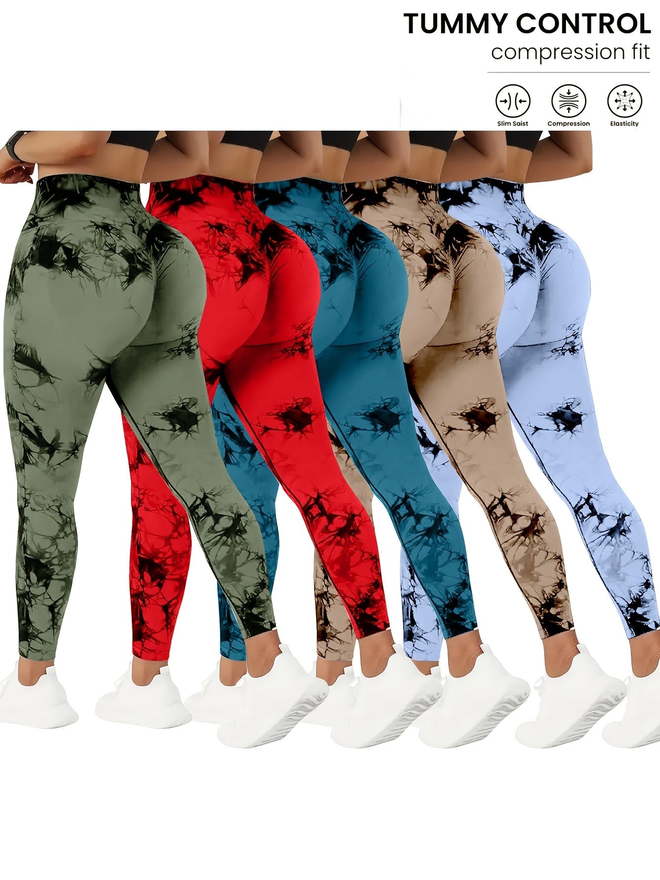 Tie Dye Yoga Pants 5-Pack for Women High Waist Tummy Control Peach Lift Leggings – 4-Way Stretch Running Tights Fitness Workout Pants Squat Proof Non-See-Through Polyamide Leggings S M L XL Multi-Color Sets