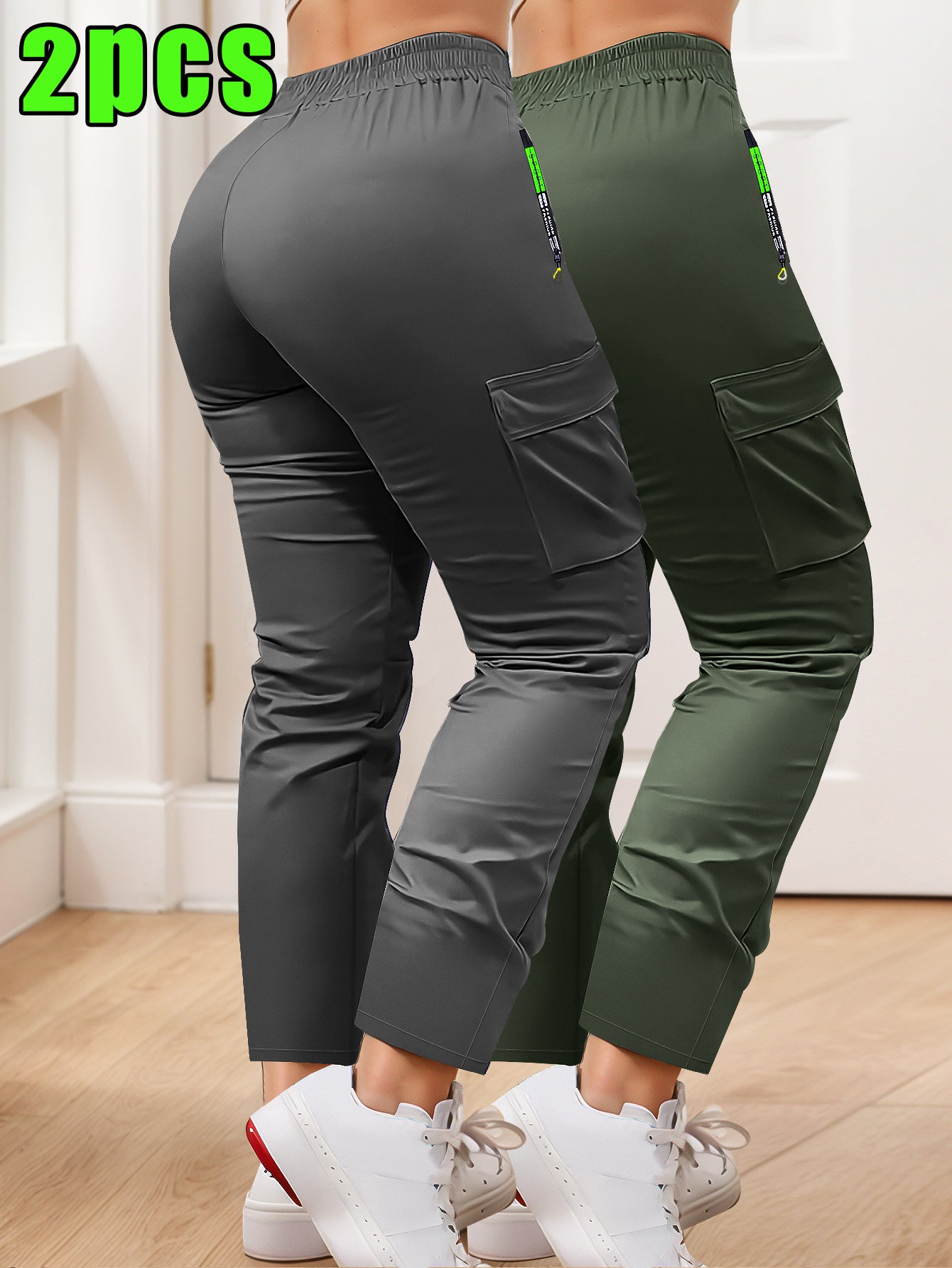 Women's Slim Cargo Pants 2-Pack Multi-Pocket Drawstring Waist Zip Pocket Straight Leg – Casual Trousers for Outdoor Sports Everyday Wear & Dates