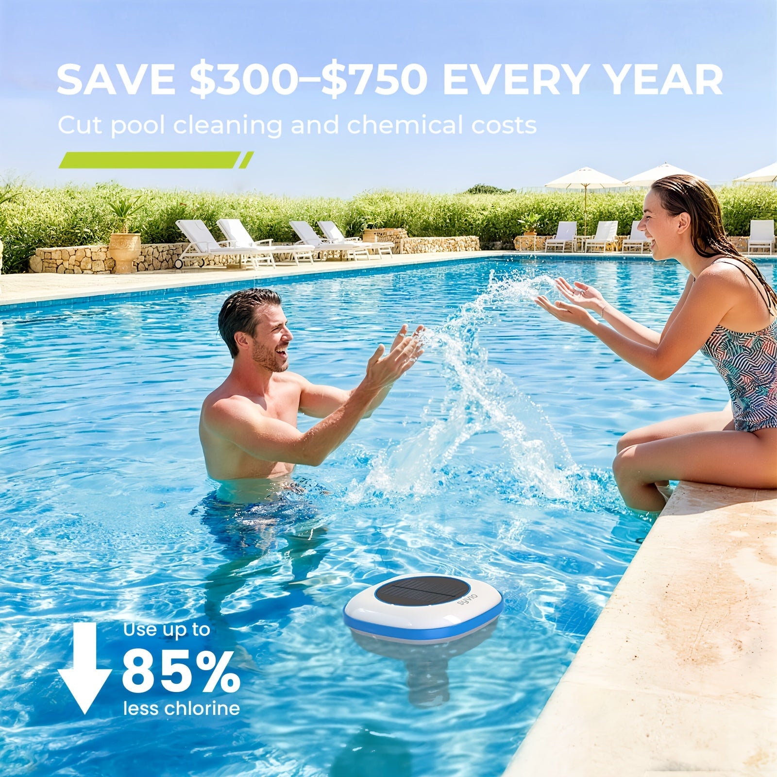 Solar Powered Pool Ionizer - Chemical-Free Floating Water Purifier for Pools Up to 45,000 Gallons - Chlorine Reducer with Brass Parts & Cleaning Brush - Reusable Summer Pool Accessory