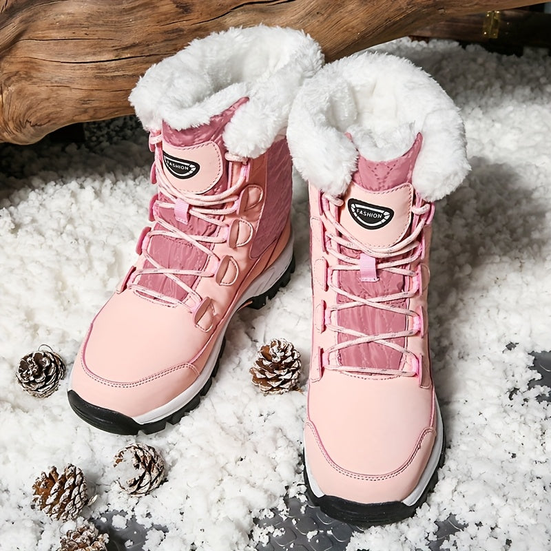 Women's High Top Snow Boots – Non-Slip Warm Fleece-Lined Winter Boots, Rubber Sole, Lace-Up, Outdoor Travel, US 5.5-10, Black White Hot Pink