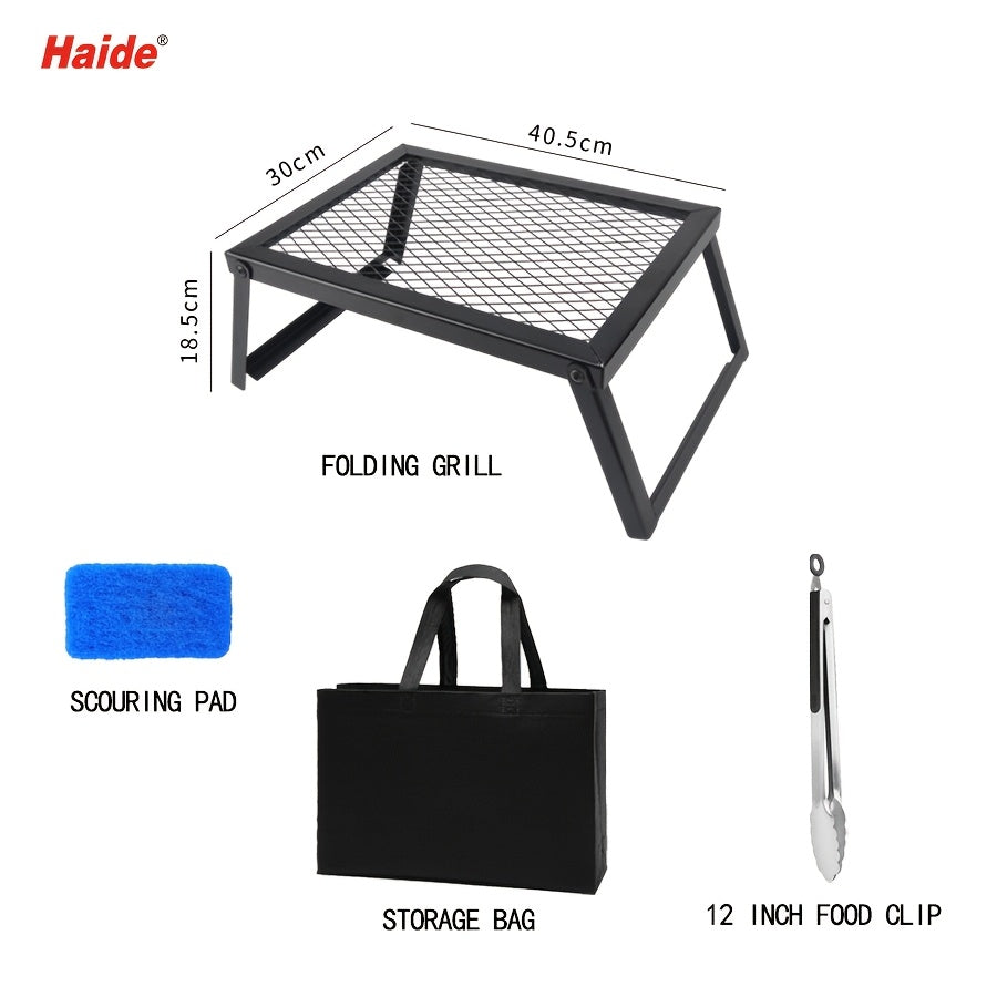 Heavy Duty Bonfire Campfire Grill for Outdoor Camping - Portable BBQ Grill with Firewood Rack, Storage Bag, Food Clips & Cleaning Cloth, RV Picnic Backyard Grill, Gift for Men