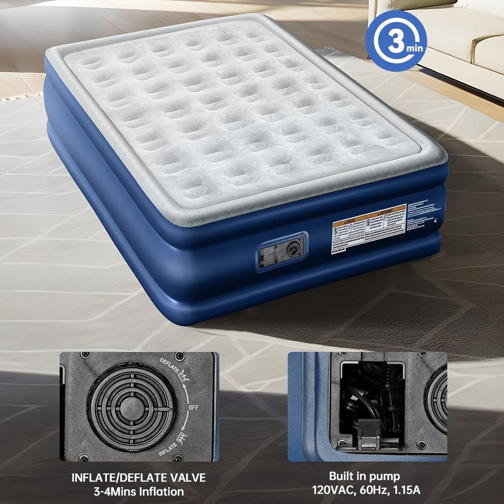 Queen Air Mattress 18 Inch Thick Inflatable Airbed with Built-in Pump – Plush Velvety Top Non-Slip Bottom for Camping, Guest Room, Indoor & Outdoor Use