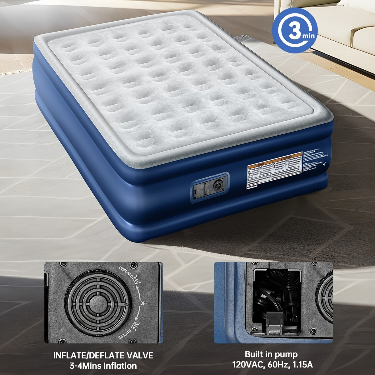 Queen Air Mattress 18 Inch Thick Inflatable Airbed with Built-in Pump – Plush Velvety Top Non-Slip Bottom for Camping, Guest Room, Indoor & Outdoor Use