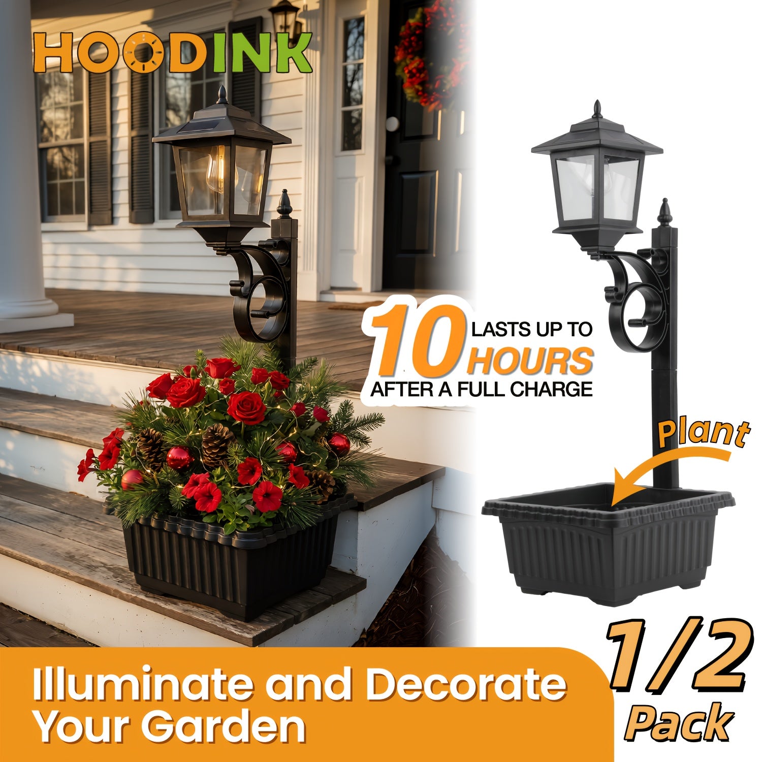 Solar Flower Pot Lamp Post Light Outdoor 2-in-1 – Glass Lampshade & Bulb, IP44 Waterproof, Wall Mount or Floor Standing, Decorative Garden Patio Lawn Front Door Light (1 or 2 Pack)