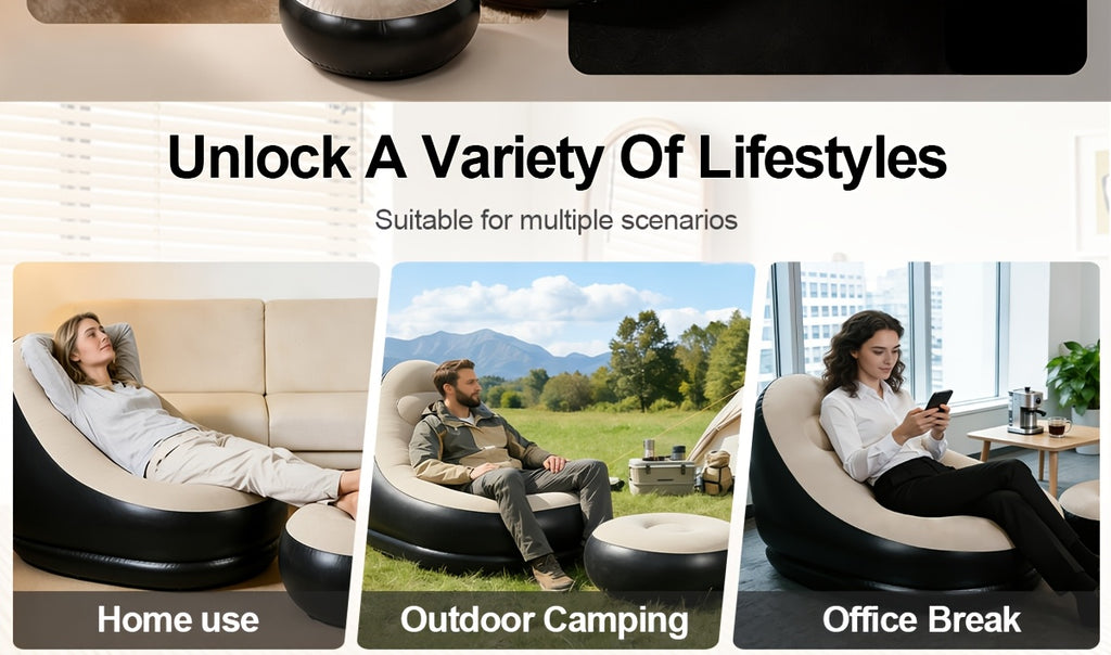 Inflatable Sofa with Footstool 2-Piece Set Heavy Duty Plush Fabric Portable Air Couch with Pump – Indoor Outdoor Camping Beach Backyard Lounge