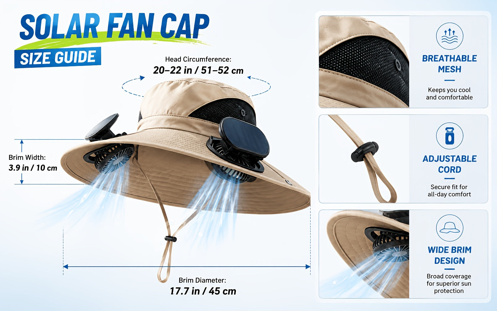 Solar Fan Hat with Dual Cooling Fans Wide Brim Sun Hat for Men Women Adjustable Wind Speed Breathable Outdoor Hat for Farming Gardening Hiking Summer Work