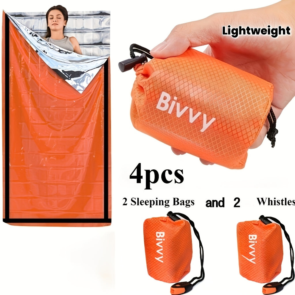 Emergency Sleeping Bag 4-Piece Survival Kit - 2 Mylar Thermal Sleeping Bags + 2 Whistles Lightweight Portable Shelter for Camping, Hiking, Backpacking & Emergency Preparedness