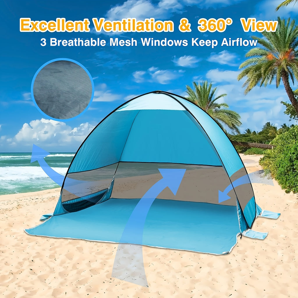 Pop-Up Beach Tent Sun Shade Shelter for 2-3 Person - Anti-UV Portable Camping Canopy with Carry Bag, Fast Setup, Fiberglass Frame, Beige, Blue and Green