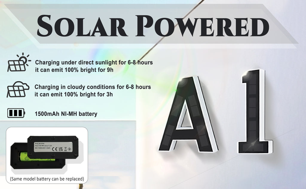9 Inch Solar Lighted House Numbers for Outside - IP44 Waterproof, Auto Light Sensor, 9hr Illumination, Modern Exterior Address Sign, Numbers 0-9 & Letters A-D