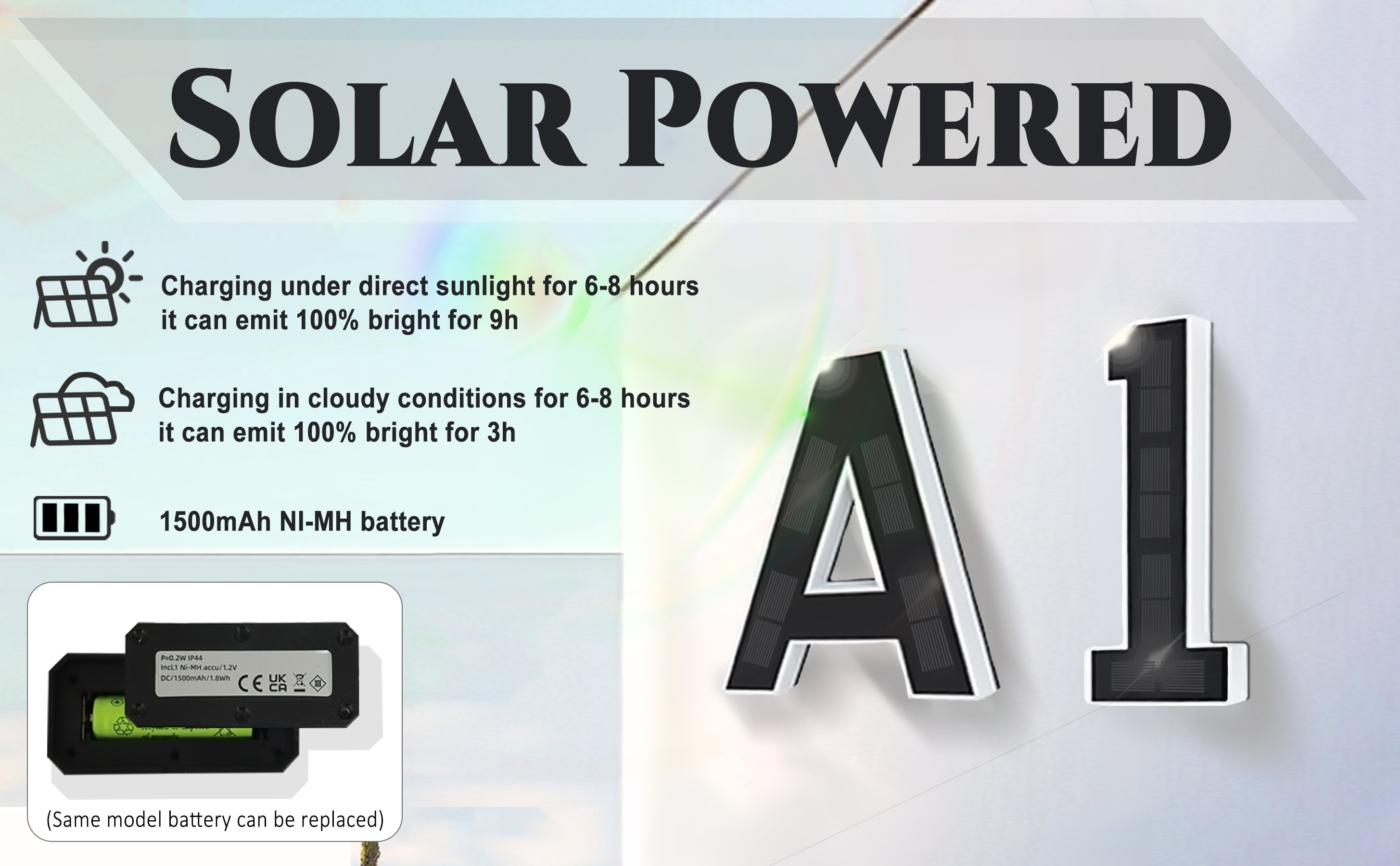 9 Inch Solar Lighted House Numbers for Outside - IP44 Waterproof, Auto Light Sensor, 9hr Illumination, Modern Exterior Address Sign, Numbers 0-9 & Letters A-D