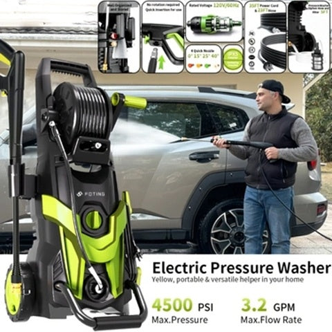 Electric Pressure Washer 4500PSI – 4 Quick-Connect Nozzles, Foam Cannon, Inlet Hose & Filter for Car Washing, Fence, Patio, Driveway & Home Cleaning, 3 Colors