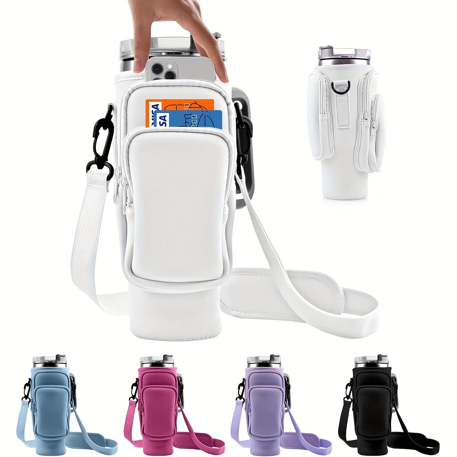 Neoprene Water Bottle Carrier Bag with Phone Pocket for 40oz 30oz Tumbler, 3-Pocket Water Bottle Holder Pouch for Hiking Gym Travel, Fits Stanley Cup Accessories, Father's Day Gift