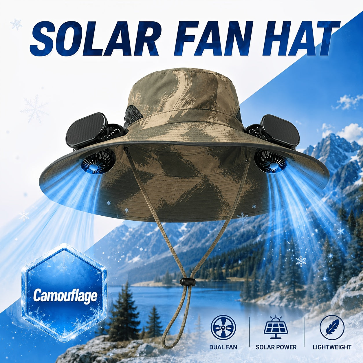 Solar Fan Hat Wide Brim Dual Cooling Fans Men Women Adjustable Airflow UV Protection Hiking Camping Gardening Travel Yard Work Grey Khaki Black Camo