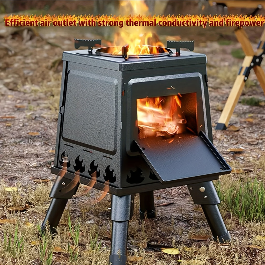 Wood Burning Camp Stove Portable Heavy Duty Outdoor Campfire Stove Sturdy Legs Air Vents Firewood BBQ Hiking Backpacking Picnic Travel No Electricity Needed