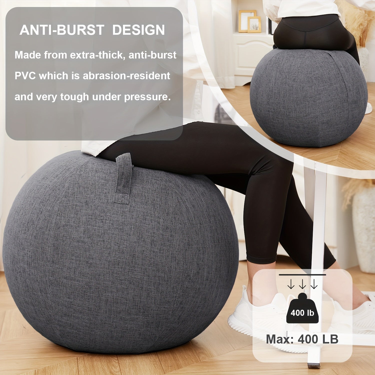 Exercise Ball Chair with Fabric Cover 65cm – Yoga Pilates Balance Ball Seat for Home Office Desk, Relieve Back Pain Improve Posture, Birthing Ball for Pregnancy, Grey Black