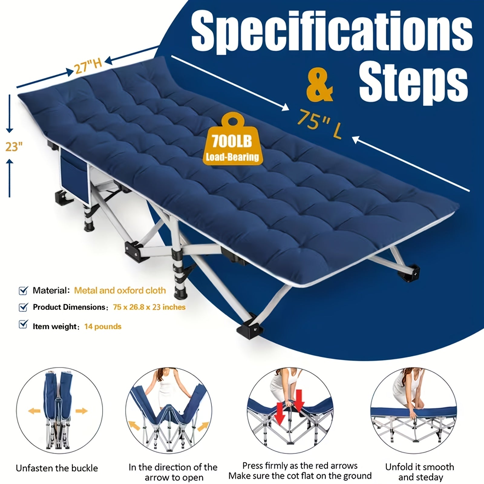 Folding Camping Cot with Mattress – XXL Portable Sleeping Cot for Adults Kids, 75"-79" Heavy Duty Camp Bed, 700-900 lbs Capacity for Beach Garden Patio Fishing Outdoor