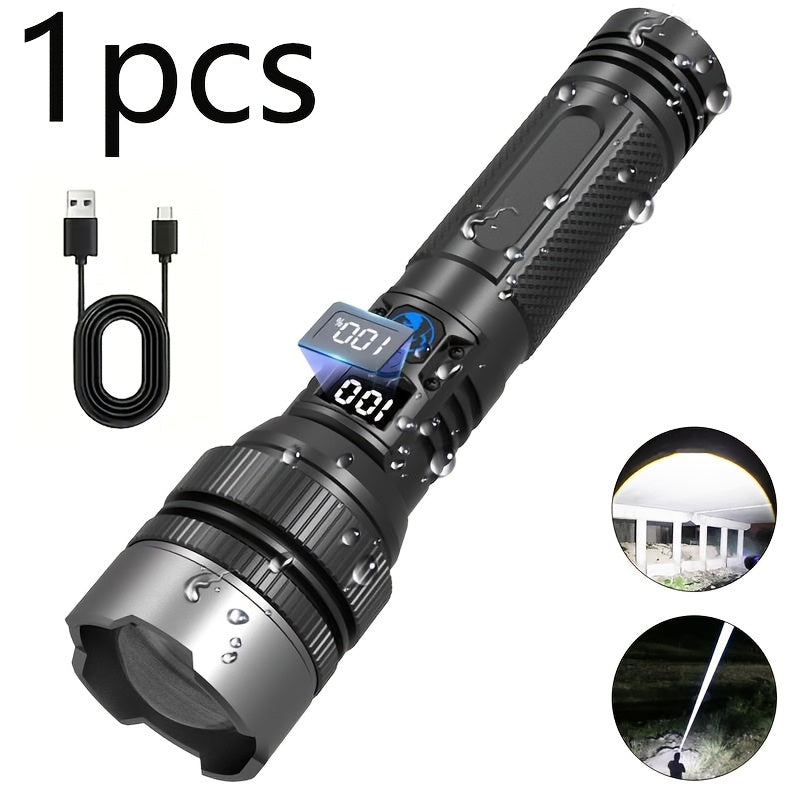 Rechargeable Tactical Flashlight High Lumens – Zoomable LED, LCD Display, USB Rechargeable, Waterproof, for Camping, Hiking, Fishing & Emergencies (1pc / 2pcs)