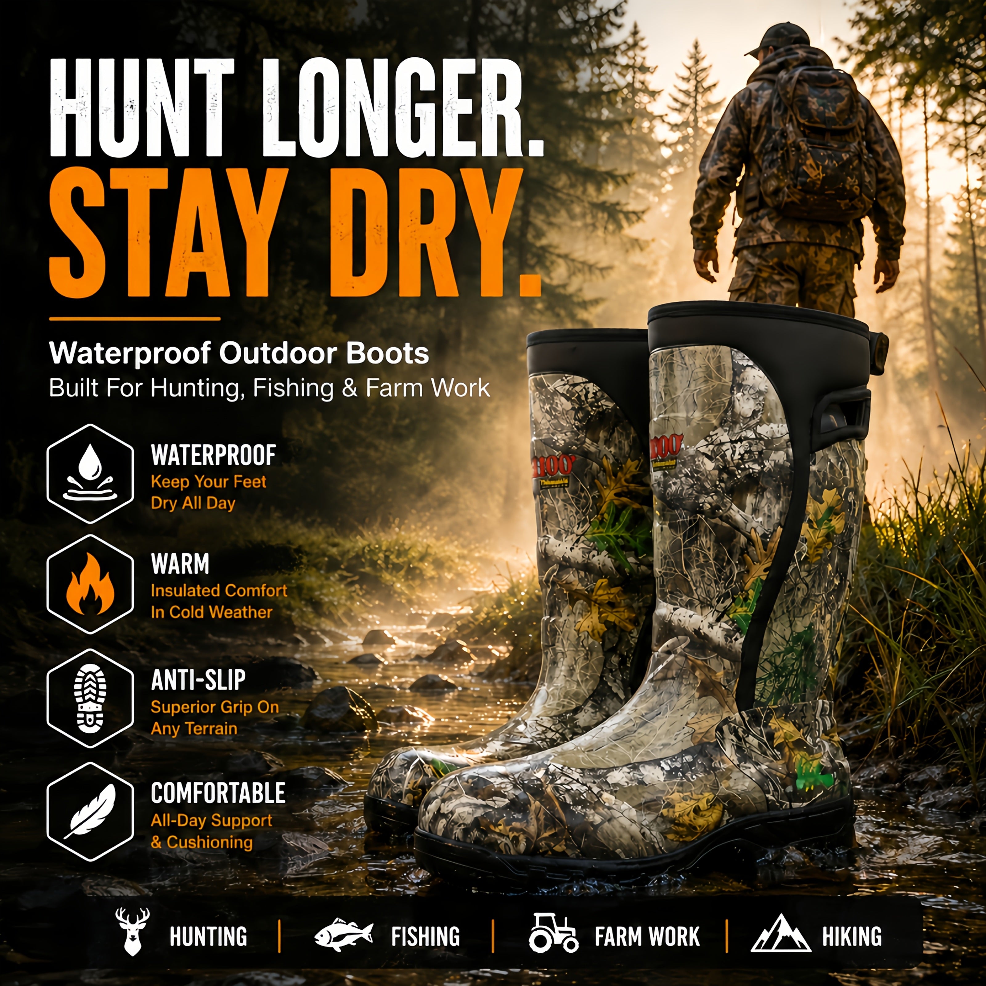 Men's 6mm Neoprene Insulated Hunting Boots – Waterproof Camouflage Rubber Boots with Non-Slip Sole, Slip-On Outdoor Boots for Duck Hunting Fishing Hiking Farming, Sizes US 8-14