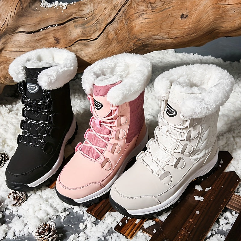 Women's High Top Snow Boots – Non-Slip Warm Fleece-Lined Winter Boots, Rubber Sole, Lace-Up, Outdoor Travel, US 5.5-10, Black White Hot Pink