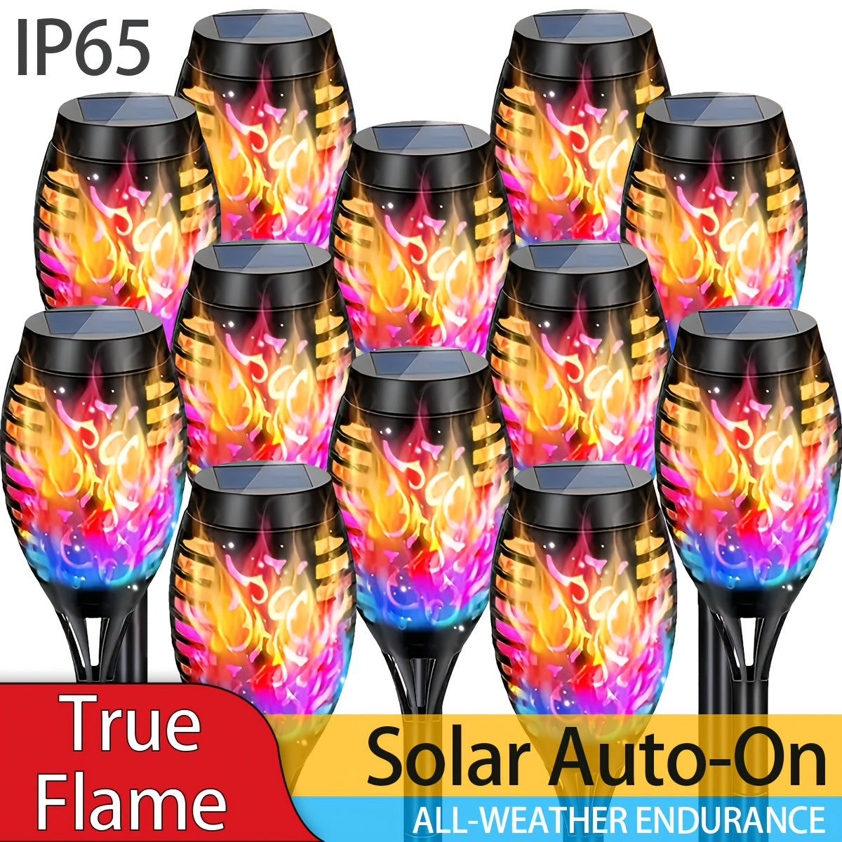 Solar Flame Torch Lights Outdoor - Flickering Flame Effect, IP65 Waterproof, Auto Dusk-to-Dawn, 750mAh Solar Powered Garden Stake Lights for Yard, Lawn, Patio & Pathway - 4/8/12 Pack