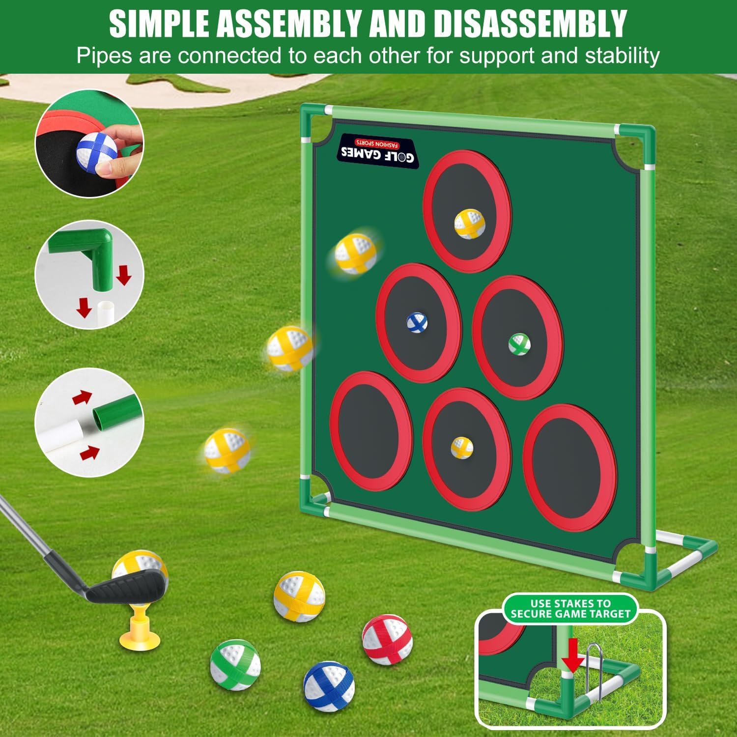 Golf Chipping Game Set Backyard Yard Game with Putting Mat 20 Sticky Balls 6 Hole Covers Club & Carrying Bag – Indoor Outdoor Target Game for Adults Kids Golfers