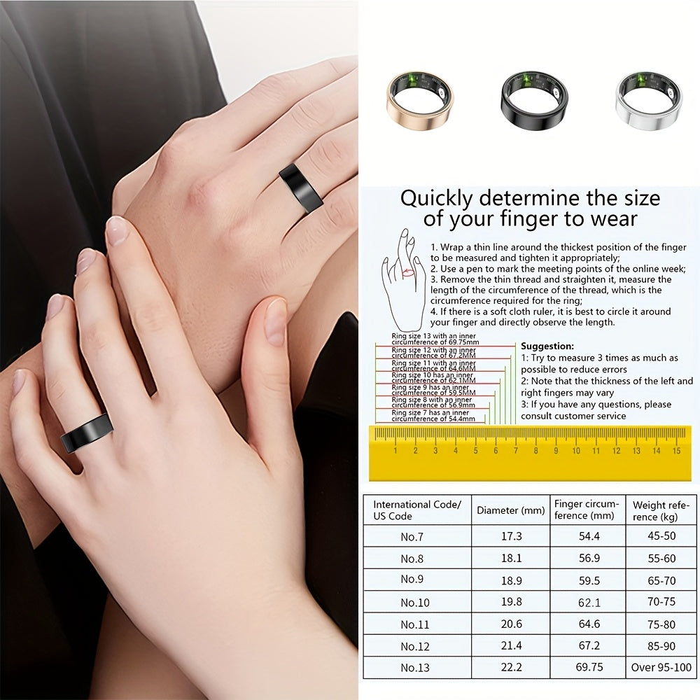 Smart Fitness Ring Bluetooth 5.3 Heart Rate HRV Sleep Steps Calorie Body Temp Stress Tracker No Subscription iPhone Android Compatible Sizes 7-13 Black Silver Gold