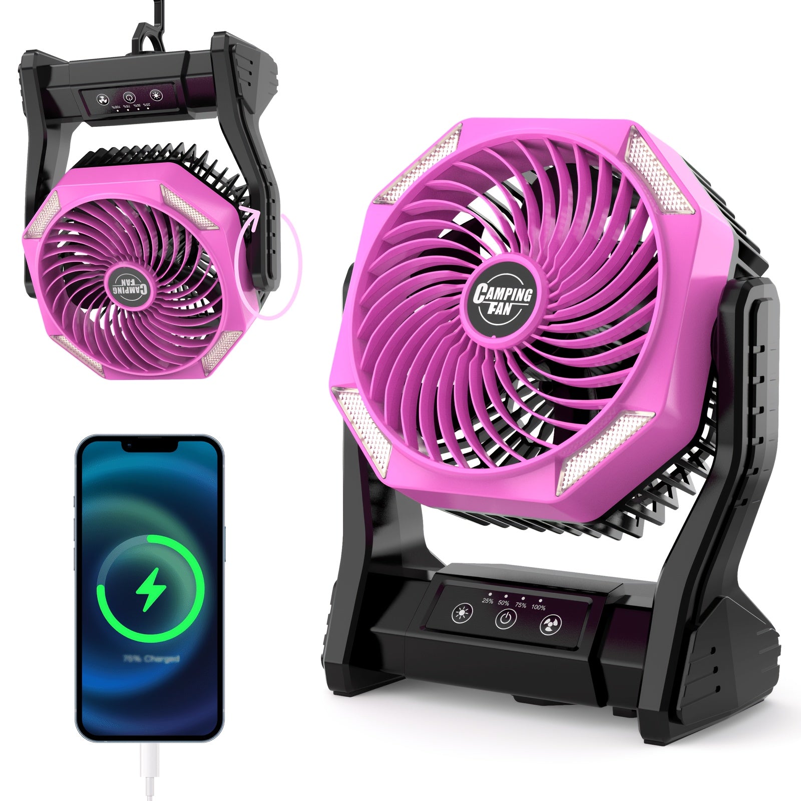 20000mAh Camping Fan with LED Light & Brushless Motor – Portable Outdoor Fan for Camping Hiking Picnic Emergency Use, 4 Speeds, 180° Oscillation, 22-26H Battery Life