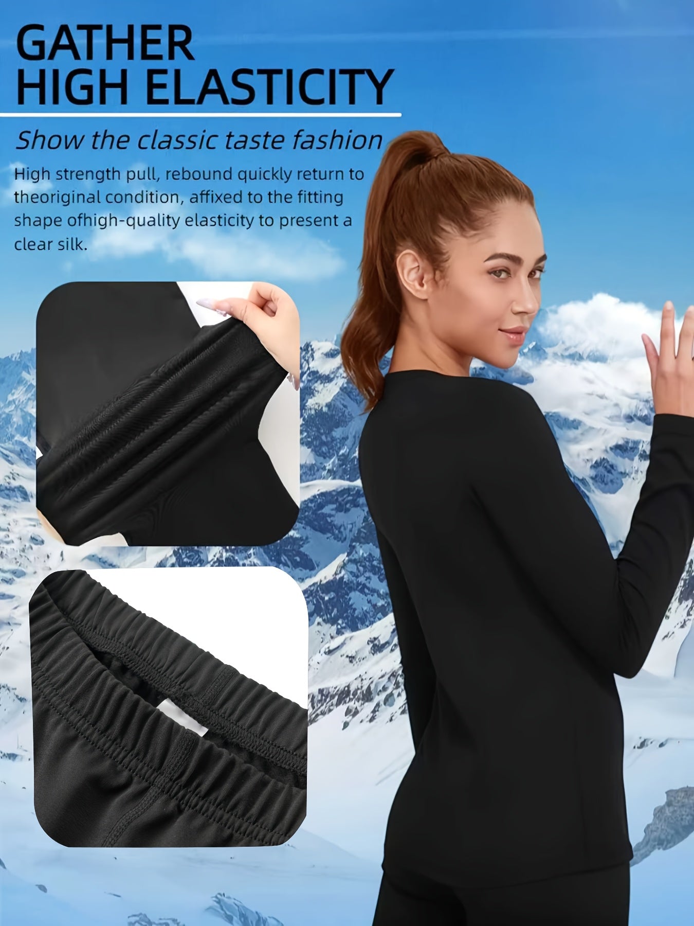 Women's Thermal Underwear Set 2-Piece – Compression Base Layer Lined Leggings & Top for Winter Sports Skiing Yoga Cycling, Soft Knit 90% Polyester, Black, S-XXL