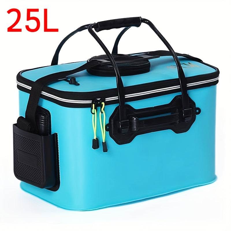 Collapsible 25L EVA Fishing Bucket with Lid – Foldable Live Fish Keeper & Bait Container for Kayak Bank Pier Fishing, Lightweight Portable Water Bucket for Camping, Orange & Blue