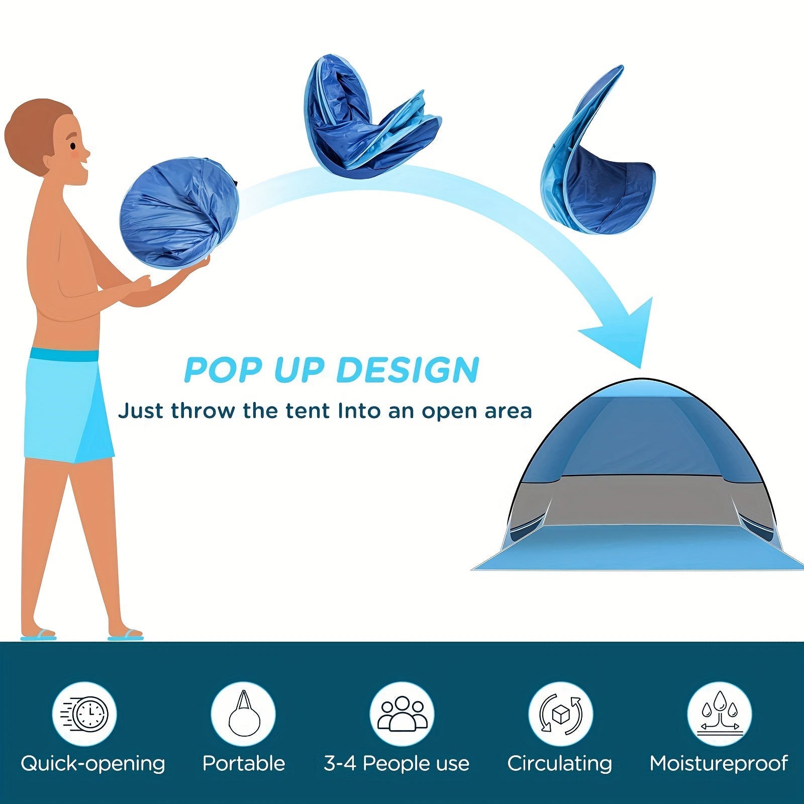 Pop-Up Beach Tent Sun Shade Shelter for 2-3 Person - Anti-UV Portable Camping Canopy with Carry Bag, Fast Setup, Fiberglass Frame, Beige, Blue and Green