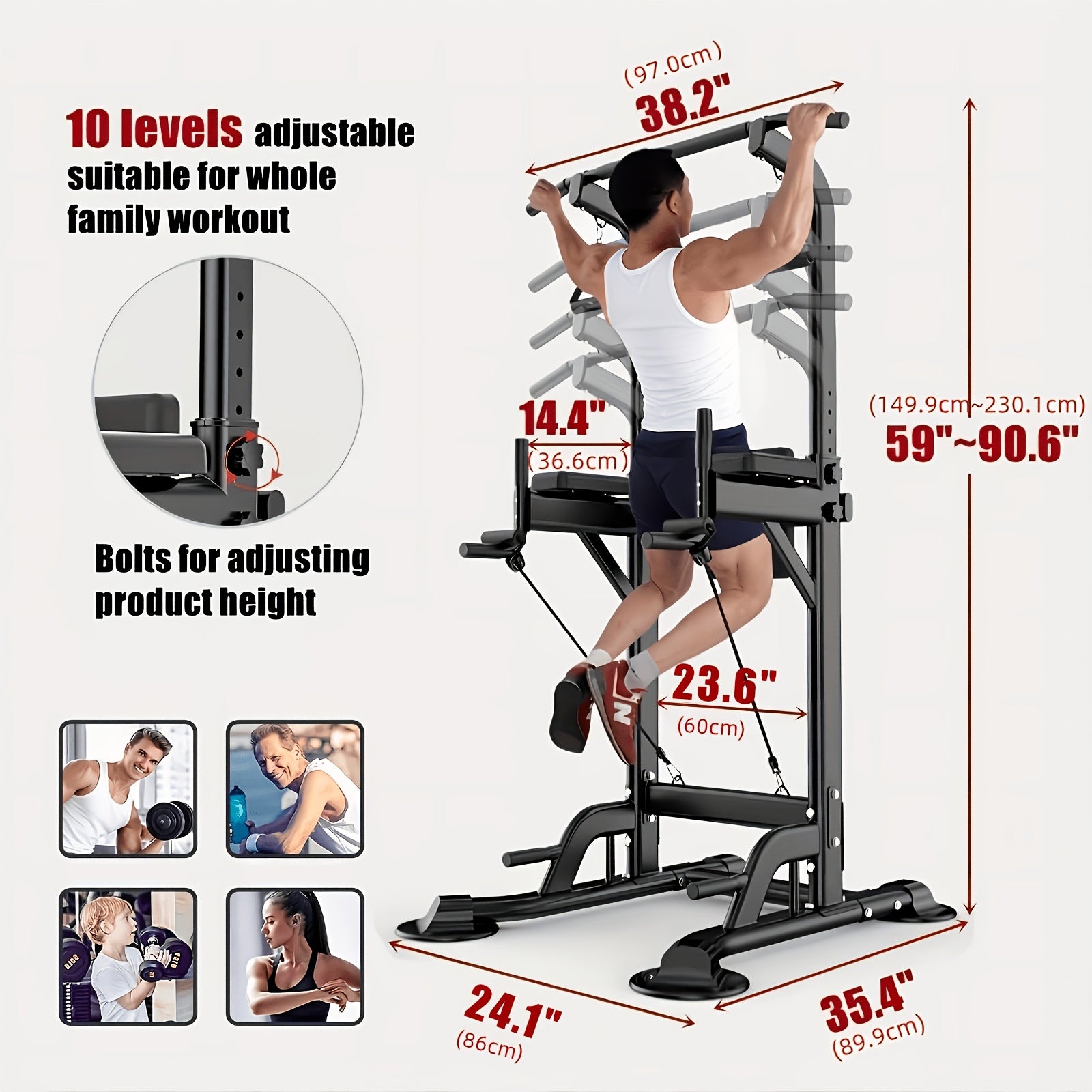 Power Tower Pull Up Bar Stand Adjustable Height 50-90 Inch 330LBS Multi-Function Dip Station Home Gym Strength Training Equipment for Pull Ups Push Ups Dips Knee Raise Men Women