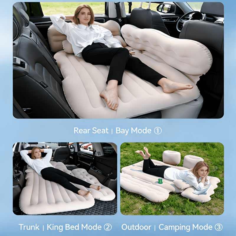 Car Inflatable Bed Air Mattress for SUV Sedan – Portable Foldable Flocked Rear Seat Sleeping Mat for Camping Picnic Road Trip, Includes Air Pump, Black Beige Pink Grey