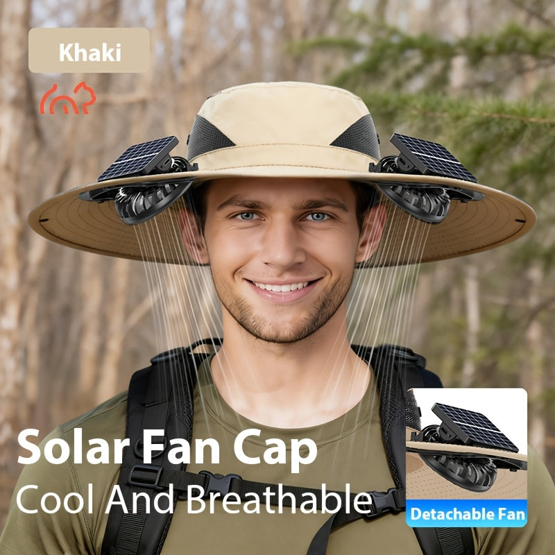 USB Rechargeable Dual Fan Hat Solar Sun Cap with Adjustable Strap Powerful Airflow Long Battery Life Cooling Hat for Fishing Hiking Camping Gardening Outdoor Activities