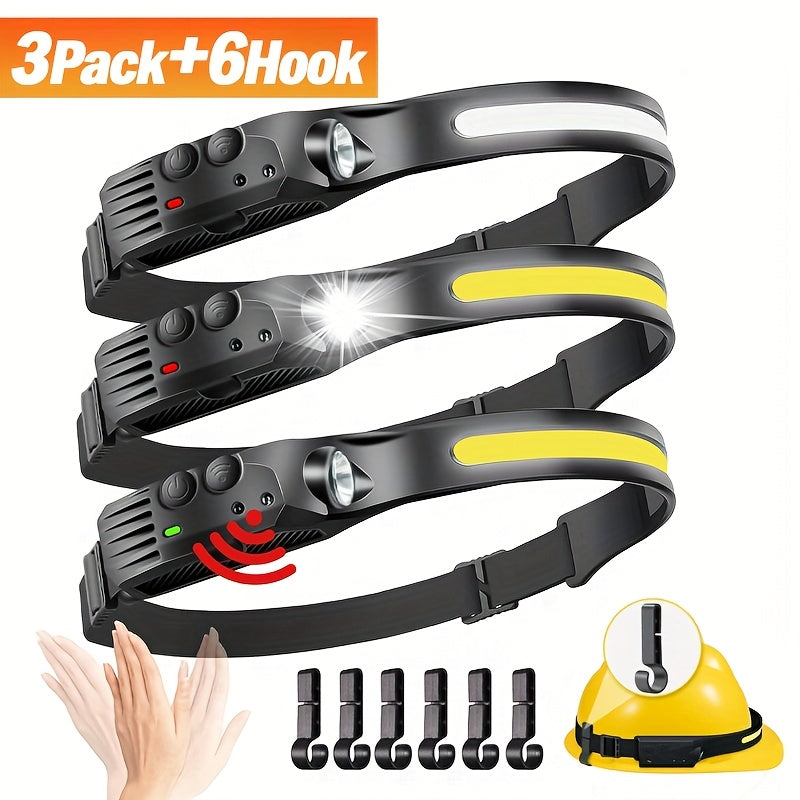 Rechargeable Headlamp 3-Pack COB LED 230° Wide Beam 5 Modes Motion Sensor USB Headlamps for Adults Camping Hiking Work Hard Hat with 6 Hooks