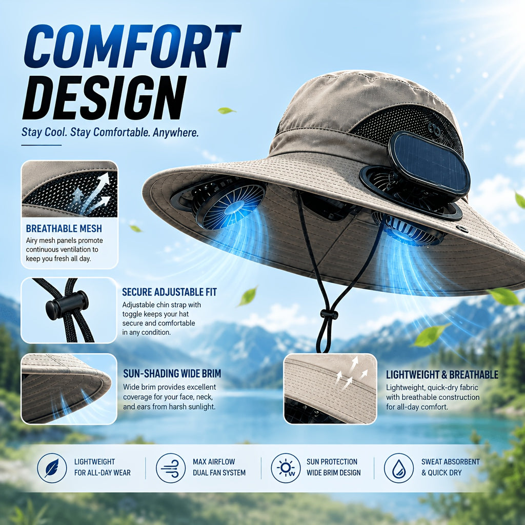 Solar Fan Hat with Built-In Cooling Fans – Breathable Wide Brim Sun Hat for Men & Women, Adjustable Speed for Hiking, Fishing, Gardening & Outdoor Summer Activities