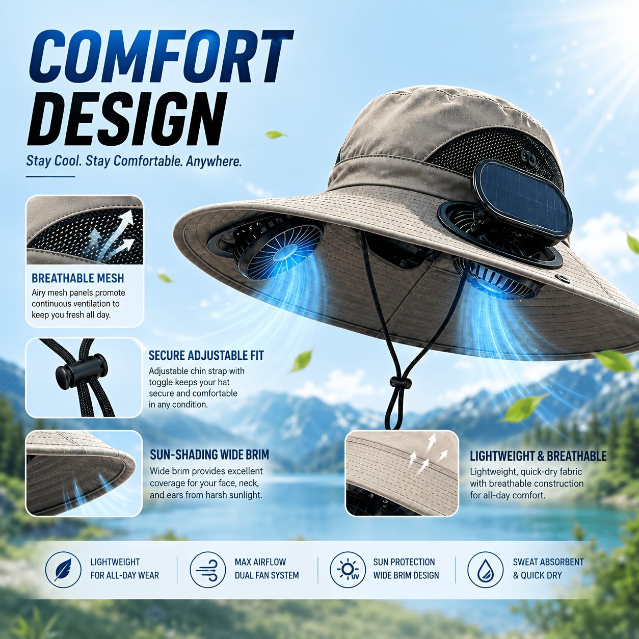 Solar Fan Hat with Built-In Cooling Fans – Breathable Wide Brim Sun Hat for Men & Women, Adjustable Speed for Hiking, Fishing, Gardening & Outdoor Summer Activities