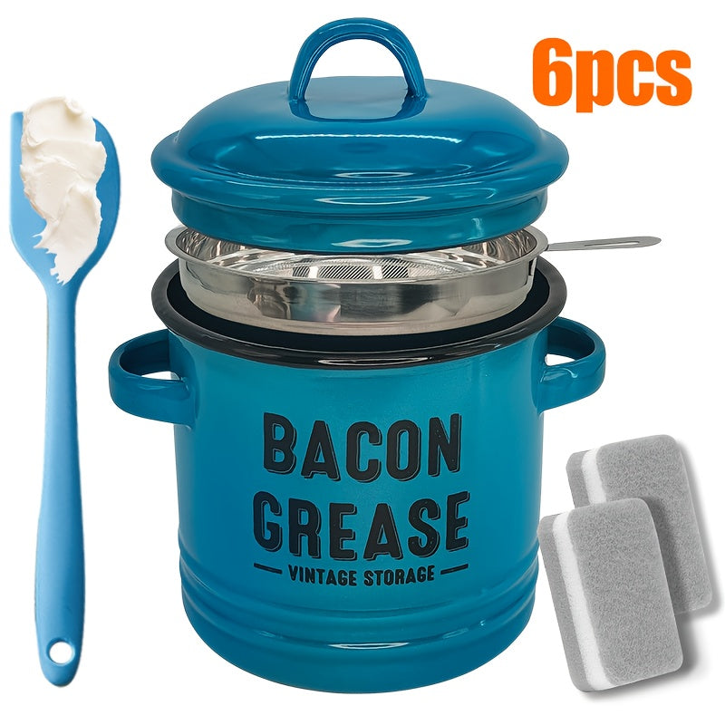 Enamel Oil Can with Filter Large Capacity Grease Storage Container - Bacon Fat Can for Camping & Kitchen - Heat-Resistant Condiment Oil Bottle for Outdoor Cooking - Handmade Camping Kitchenware Gift