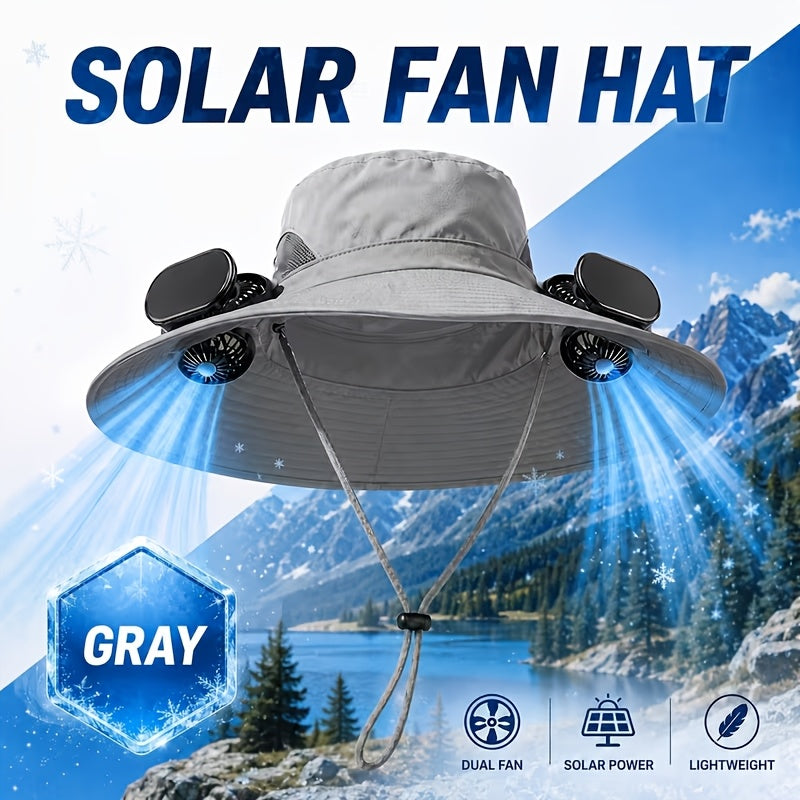 Solar Fan Hat Wide Brim Dual Cooling Fans Men Women Adjustable Airflow UV Protection Hiking Camping Gardening Travel Yard Work Grey Khaki Black Camo