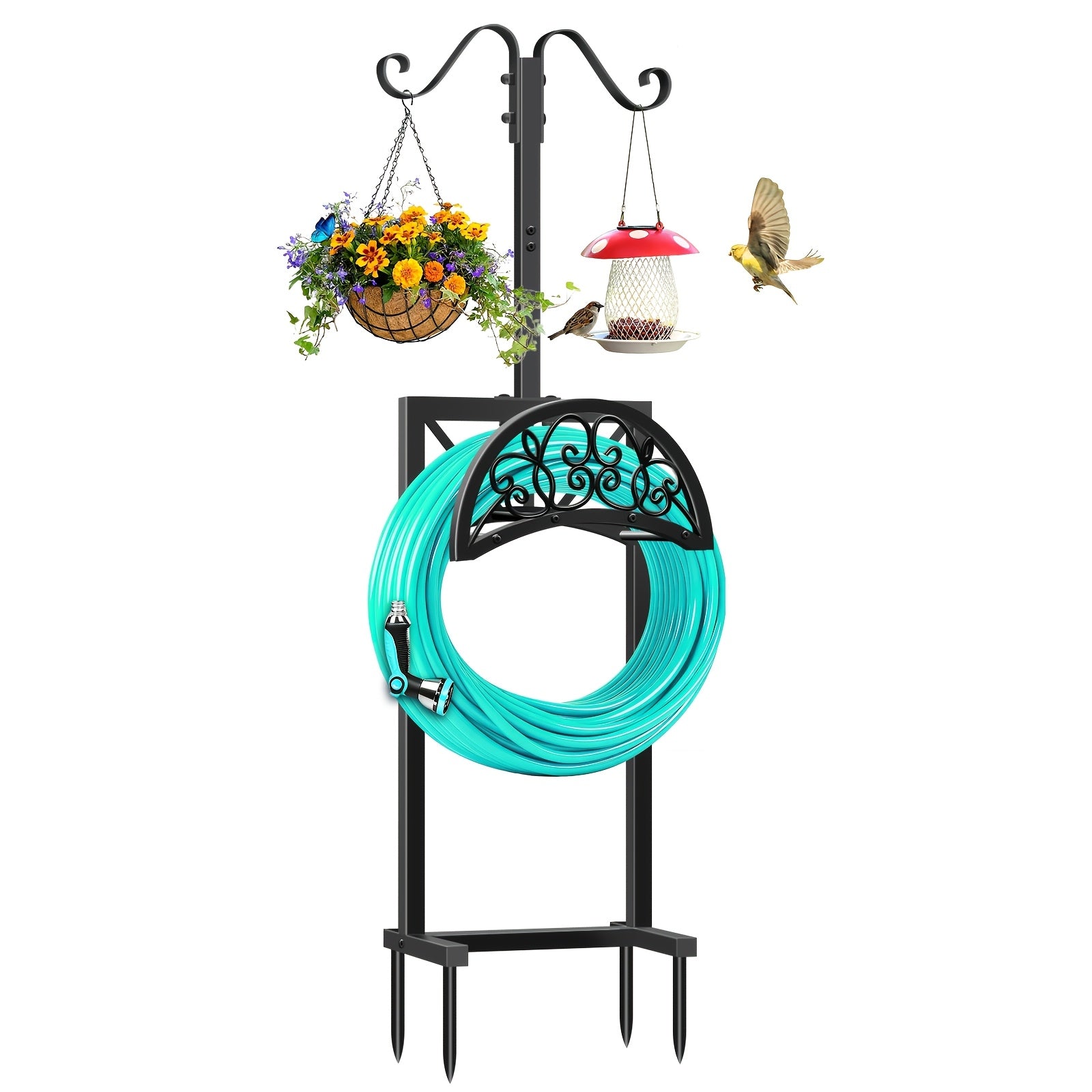 Heavy Duty Metal Garden Hose Holder Freestanding Outdoor Hose Rack Rustproof Ground Stakes for Yard Lawn Patio Garden Backyard