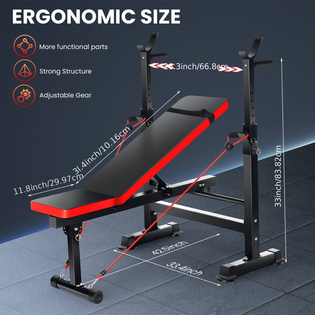 Weight Bench Set with Squat Rack – Adjustable Foldable Workout Bench Press, Leg Developer & Preacher Curl Pad for Home Gym Full Body Training | 800–1200 LBS Capacity | Black, Red, Pink